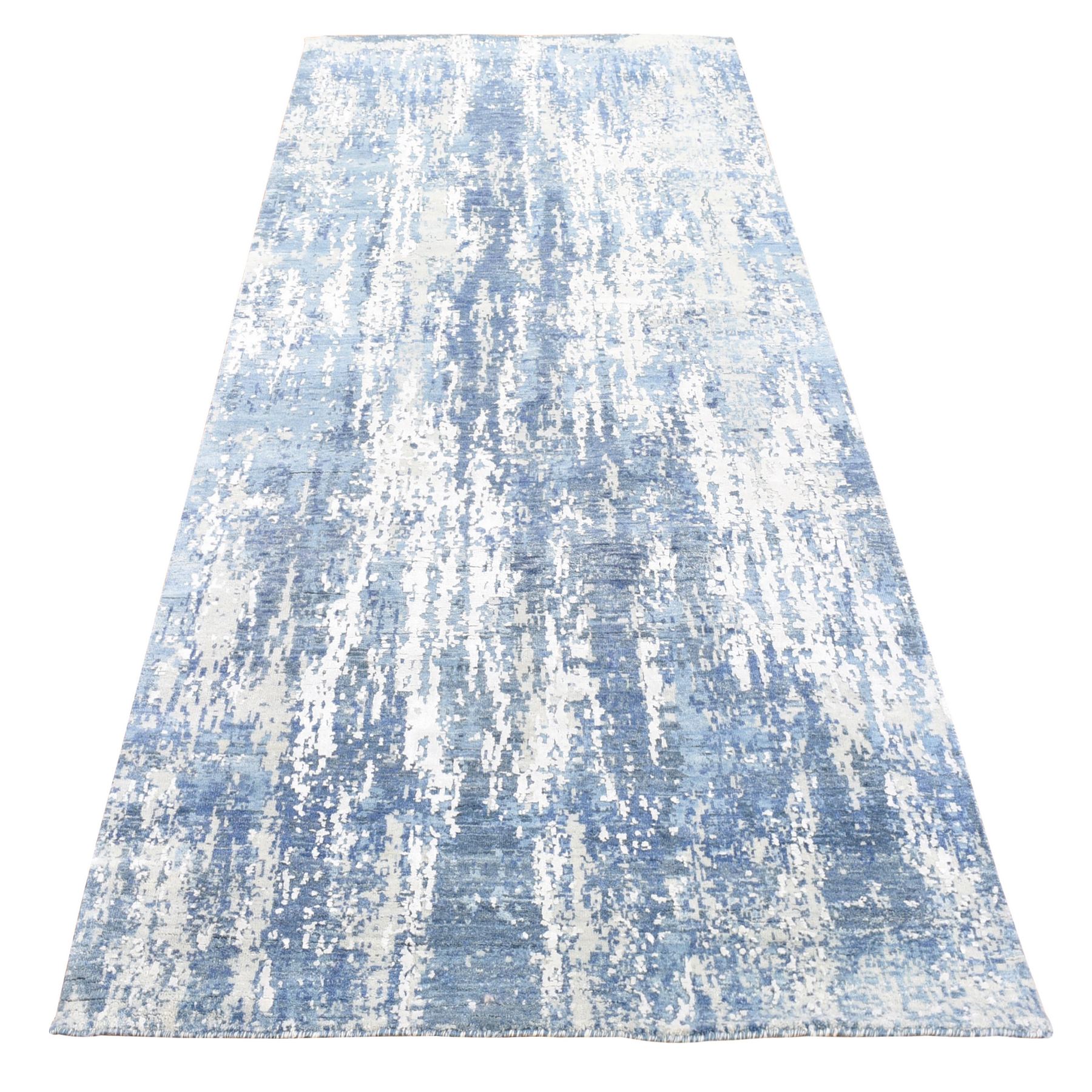 4'1"x10'2" Wool and Real Silk Hand Knotted Blue Abstract Design with Soft Colors Oriental Runner Rug 
